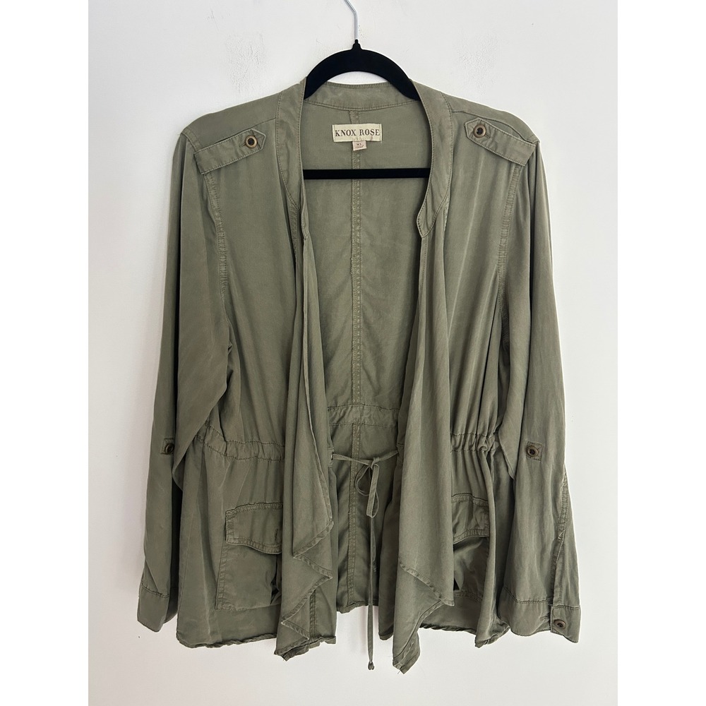 Knox Rose Olive Green Utility Jacket Open‎ Front Draped Drawstring Waist XL